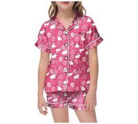 Kids Silk Pyjamas 2 Piece Kawaii Cartoon Print Sleepwear T-Shirt and Pants Pieces Set for Button-Down Pjs Sets Children Outfit Toddler Clothes Hot Pink