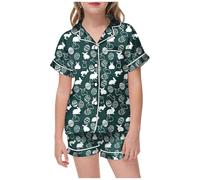 Kids Silk Pyjamas 2 Piece Kawaii Cartoon Print Sleepwear T-Shirt and Pants Pieces Set for Button-Down Pjs Sets Children Outfit Toddler Clothes Dark Green