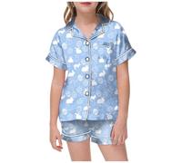 Kids Silk Pyjamas 2 Piece Kawaii Cartoon Print Sleepwear T-Shirt and Pants Pieces Set for Button-Down Pjs Sets Children Outfit Toddler Clothes Light Blue