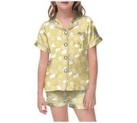Kids Silk Pyjamas 2 Piece Kawaii Cartoon Print Sleepwear T-Shirt and Pants Pieces Set for Button-Down Pjs Sets Children Outfit Toddler Clothes Yellow
