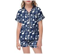 Kids Silk Pyjamas 2 Piece Kawaii Cartoon Print Sleepwear T-Shirt and Pants Pieces Set for Button-Down Pjs Sets Children Outfit Toddler Clothes Navy