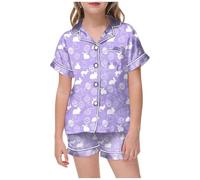 Kids Silk Pyjamas 2 Piece Kawaii Cartoon Print Sleepwear T-Shirt and Pants Pieces Set for Button-Down Pjs Sets Children Outfit Toddler Clothes Purple