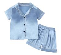 Kids Silk Pyjamas Button Down Satin Short Pjs Comfortable Elegant T-Shirt and Pants 2 Pieces Set for Teenagers Lounge Sets Unisex Kid Sleeve Light Blue