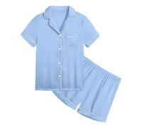 Kids Silk Pyjamas Button Down Satin Short Pjs Summer for Girls T-Shirt and Pants 2 Pieces Soft Lounge Sets Boys Set Sleepwear Gifts Sky Blue