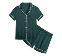 Kids Silk Pyjamas Button Down Satin Short Pjs Summer for Girls T-Shirt and Pants 2 Pieces Soft Lounge Sets Boys Set Sleepwear Gifts Dark Green