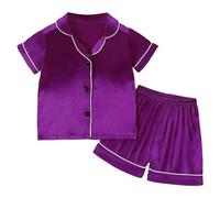 Kids Silk Pyjamas Faux Nightwear Ruffled Shorts Set Teenagers Pajama Teen Girl Clothes Printed Summer Pajamas Sets for Teens Age 3-14 Years Dark Purple