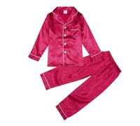 Kids Silk Pyjamas Girls Boys Long Sleeve Satin Pjs Toddler Clothes Set Button Down Soft Pyjama Sets Shirts+Pants 2 Piece Outfits Sleepwear Nightwear Children PJS Red 5-6 Years