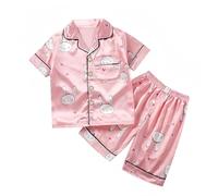 Kids Silk Pyjamas Girls Boys Short Sleeve Satin PJS Sets Button-Down Silky Nightwear Children Sleepwear Pink Heart Size 120/5-6Y