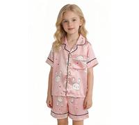 Kids Silk Pyjamas Girls Boys Short Sleeve Satin PJS Sets Button-Down Silky Nightwear Children Sleepwear Pink Heart Size 110/4-5Y