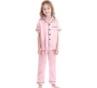 Kids Silk Pyjamas Girls Boys Short Sleeve Satin PJs Sets Button-Down Silky Nightwear Short Sleeve & Long Bottoms PJs Lounge Set for Girls and Teenagers 2-11 Years Pink