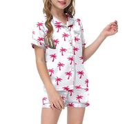 Kids Silk Pyjamas Short Sleeve Satin Pjs Sets Summer for Girls Pack of 2 Nightwear Soft Comfy Colorful Printed Ages 3 to 15 Years Old White