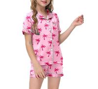 Kids Silk Pyjamas Short Sleeve Satin Pjs Sets Summer for Girls Pack of 2 Nightwear Soft Comfy Colorful Printed Ages 3 to 15 Years Old Pink
