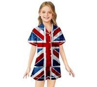 Kids Silk Pyjamas Union Jack Girls Pyjamas Girls Boys Short Sleeve Satin PJs Sets Button-Down Silky Nightwear British National Flag Printed Children Sleepwear Breathable Soft Loungewear Teens 2-13