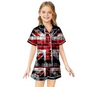 Kids Silk Pyjamas Union Jack Girls Pyjamas Girls Boys Short Sleeve Satin PJs Sets Button-Down Silky Nightwear British National Flag Printed Children Sleepwear Breathable Soft Loungewear Teens 2-13