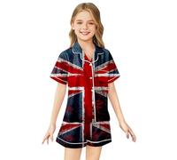 Kids Silk Pyjamas Union Jack Girls Pyjamas Girls Boys Short Sleeve Satin PJs Sets Button-Down Silky Nightwear British National Flag Printed Children Sleepwear Breathable Soft Loungewear Teens 2-13