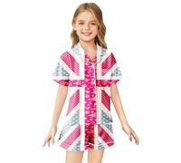 Kids Silk Pyjamas Union Jack Girls Pyjamas Girls Boys Short Sleeve Satin PJs Sets Button-Down Silky Nightwear British National Flag Printed Children Sleepwear Breathable Soft Loungewear Teens 2-13
