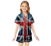 Kids Silk Pyjamas Union Jack Girls Pyjamas Girls Boys Short Sleeve Satin PJs Sets Button-Down Silky Nightwear British National Flag Printed Children Sleepwear Breathable Soft Loungewear Teens 2-13