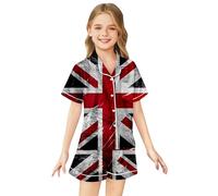 Kids Silk Pyjamas Union Jack Girls Pyjamas Girls Boys Short Sleeve Satin PJs Sets Button-Down Silky Nightwear British National Flag Printed Children Sleepwear Breathable Soft Loungewear Teens 2-13