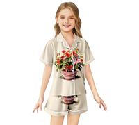Kids Silk Pyjamas Union Jack Girls Pyjamas Girls Boys Short Sleeve Satin PJs Sets Button-Down Silky Nightwear British National Flag Printed Children Sleepwear Breathable Soft Loungewear Teens 2-13