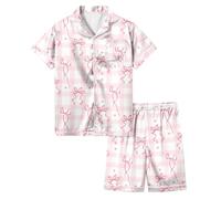 Kids Silky Satin Pyjamas Girls Bow Knot Printed Nightwear Two Piece Summer Short Sleeve Pyjamas Button-Down Silky Pjs Loungewear Children Sleepwear for Kid Teens Age 3-13 Years (Z2-Pink,3-4 Years)