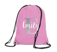 Kids Silver Initial & Custom Name Drawstring Bag - Personalised Back to School Bags for School Child - Dinosaur T Rex, Light Pink, One Size