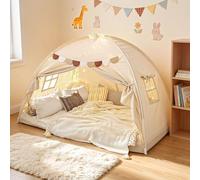 Kids single bed tent, kids play tent, double canopy bed toddler teepee with window and storage bag for easy storage, suitable for boys and girls floor playroom (Off-white, 194-98-120CM)