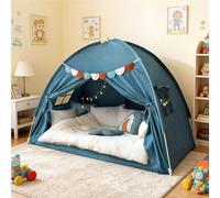 Kids single bed tent, kids play tent, double canopy bed toddler teepee with window and storage bag for easy storage, suitable for boys and girls floor playroom (Blue, 194-98-120CM)