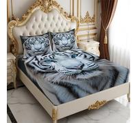 Kids Single Fitted Sheet White Tiger 90 x 190 cm 25cm Deep Pocket Soft Microfiber Fade Resistant Printed Bottom Sheet grey Bedding