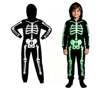Kids Skeleton Halloween Costume for 6-14 Years Boys Girls | 2 Styles Scary Bone Print Jumpsuit Kids Glow in The Dark Hooded Onesie