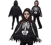Kids Skeleton Poncho Halloween Trick Or Treating Fancy Dress Costume Boys Girls