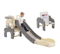 Kids Slide,4 in 1 Multifunctional Slide for Kids,Freestanding Slider Playset with Basketball Hoop and Ball, Kids Table and Chairs and Early Childhood Education Machine,Indoor & Outdoor Play Equipment