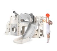 Kids Slide 7 in 1,Thickened Widened Toddler Slide,170cm extra-long slideway, Freestanding with Basketball Hoop, Baby Slide Playground Equipment, Easy Assembly, Enhanced Safety Features (Beige Gray)