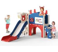 Kids Slide,Indoor Thickened Widened toddler slide with basketball hoop, climbing frame for the garden,storage space slide ((Six-in-one elk slide-blue and red))