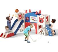 Kids Slide,Indoor Thickened Widened toddler slide with basketball hoop, climbing frame for the garden,storage space slide ((7-in-1 Elk Slide-Blue and Red))