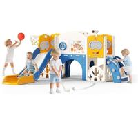 Kids Slide,Indoor Thickened Widened toddler slide with basketball hoop, climbing frame for the garden,storage space slide ((Huggy Bear Slide - Seven-in-One Blue and Orange))