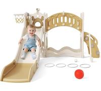 Kids Slide,Indoor Thickened Widened toddler slide with basketball hoop, climbing frame for the garden,storage space slide ((Six-in-one elk slide-active version (khaki)))