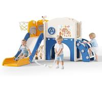 Kids Slide,Indoor Thickened Widened toddler slide with basketball hoop, climbing frame for the garden,storage space slide ((Huggy Bear Slide - Six-in-One - Blue and Orange))