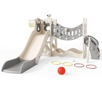 Kids Slide,Indoor Thickened Widened toddler slide with basketball hoop, climbing frame for the garden,storage space slide (Six-in-one elk slide-active style (beige gray))
