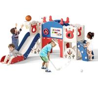 Kids Slide,Indoor Thickened Widened toddler slide with basketball hoop, climbing frame for the garden,storage space slide (7-in-1 Elk Slide-Blue and Red)