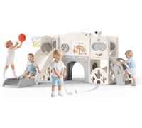 Kids Slide,Indoor Thickened Widened toddler slide with basketball hoop, climbing frame for the garden,storage space slide (Huggy Bear Slide - 7-in-1 - Beige Grey))