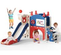 Kids Slide, large toddler slide with basketball hoop, climbing frame for the garden, telescope, storage space, slide, extra long slide 170cm ((Six-in-one elk slide-blue and red))