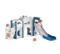 Kids Slide, large toddler slide with basketball hoop, climbing frame for the garden, telescope, storage space, slide, extra long slide 170cm (7 in 1 Naughty Bear Combination Slide -Blue Gray)
