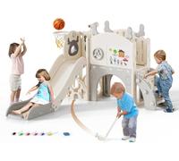 Kids Slide, large toddler slide with basketball hoop, climbing frame for the garden, telescope, storage space, slide, ((Six-in-one elk slide-beige gray)))