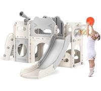 Kids Slide, large toddler slide with basketball hoop, climbing frame for the garden, telescope, storage space, slide, extra long slide 170cm (7 in 1 Naughty Bear Combination Slide-beige gray)