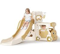 Kids Slide, large toddler slide with basketball hoop, climbing frame for the garden, telescope, storage space, slide, ((Car head single slide))