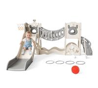 Kids Slide, large toddler slide with basketball hoop, climbing frame for the garden, telescope, storage space, slide, extra long slide 170cm (7-in-1 Elk Slide-Active Model (Beige Gray)))