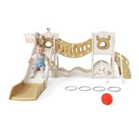 Kids Slide, large toddler slide with basketball hoop, climbing frame for the garden, telescope, storage space, slide, extra long slide 170cm (7-in-1 Elk Slide-Active Model (Khaki))
