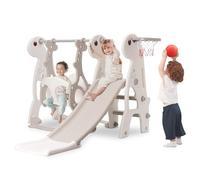 Kids Slide & Swing Set, Indoor Baby Slide Climber Freestanding Playset with Basketball Hoop & Height Adjustable Swing (Beige)