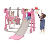 Kids Slide & Swing Set, Indoor Baby Slide Climber Freestanding Playset with Basketball Hoop & Height Adjustable Swing (Pink)