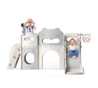 Kids Slide Toddler Slide Freestanding with Basketball Hoop, Climber, Aisle and Storage Space,Climber Hole, Toddler Outdoor Playset Gift for Toddlers Both Indoors Outdoor Use (Beige Gray 7-in-1)